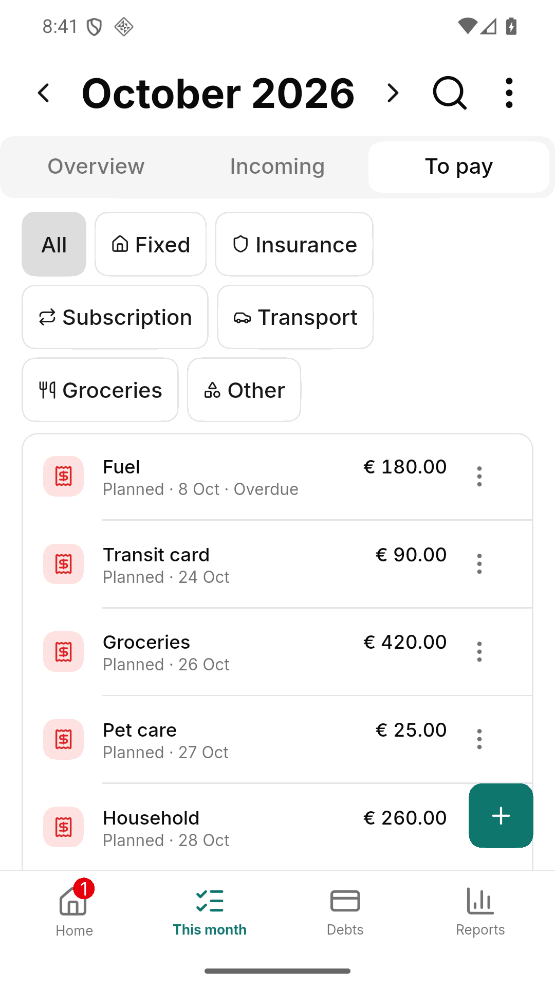 This month, to pay: open entries for fuel, transit card, groceries, pet care and household, filtered by category.
