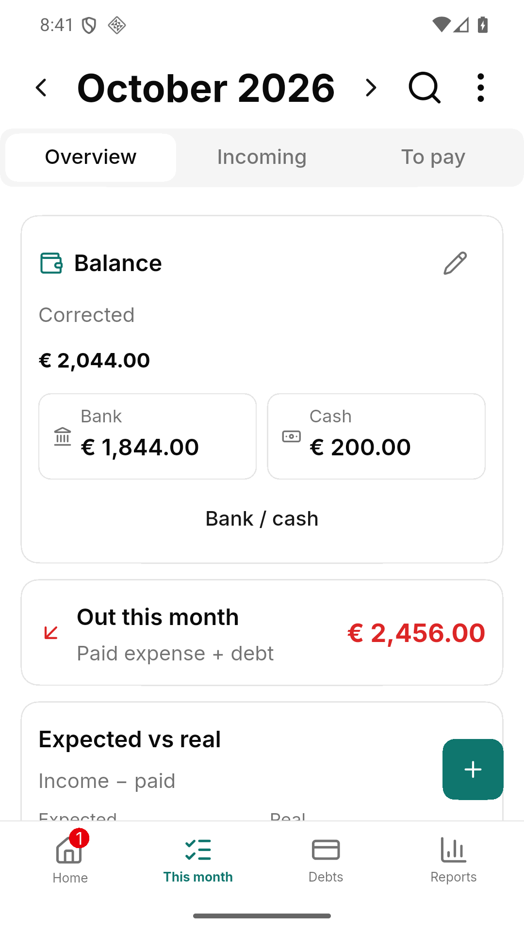 This month, overview: balance split into bank and cash, what went out this month, and expected against real.